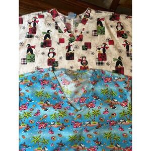 Holiday Scrub Top Bundle 2 Christmas Penguin Tropical Blue Santa Woman's  XL